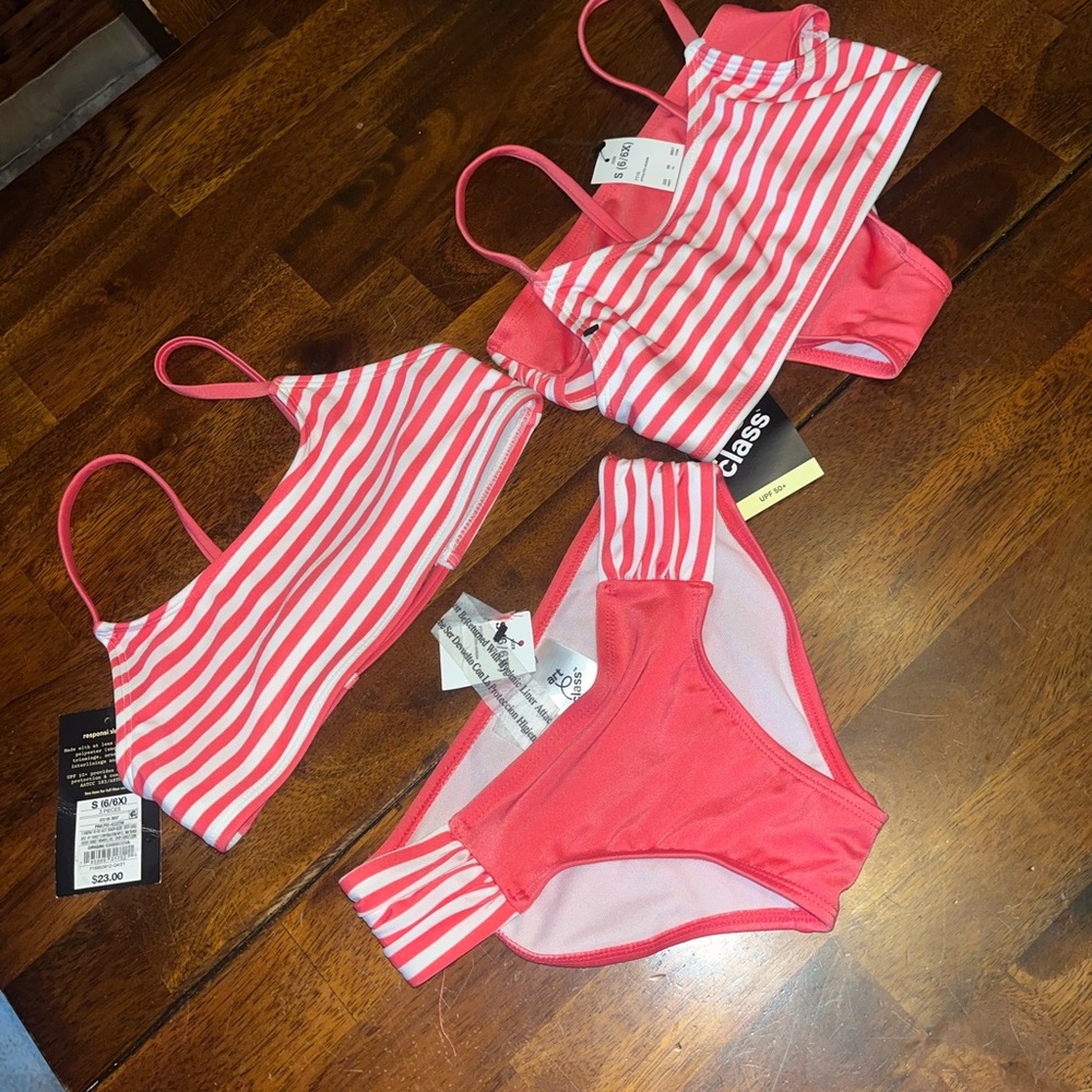NWT girls coral and White Striped Bikini Set Sz 6/6x